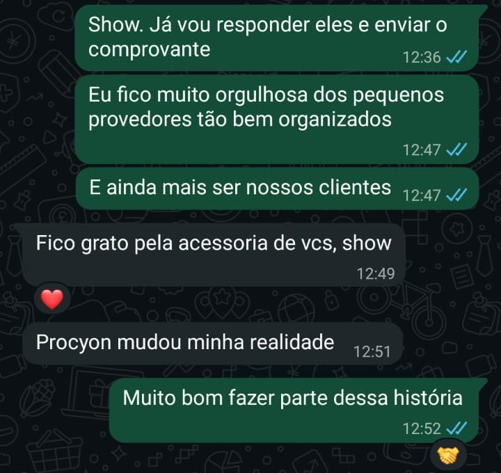 Conversa de WhatsApp em que o cliente agradece a assessoria e diz que a Procyon mudou a realidade dele